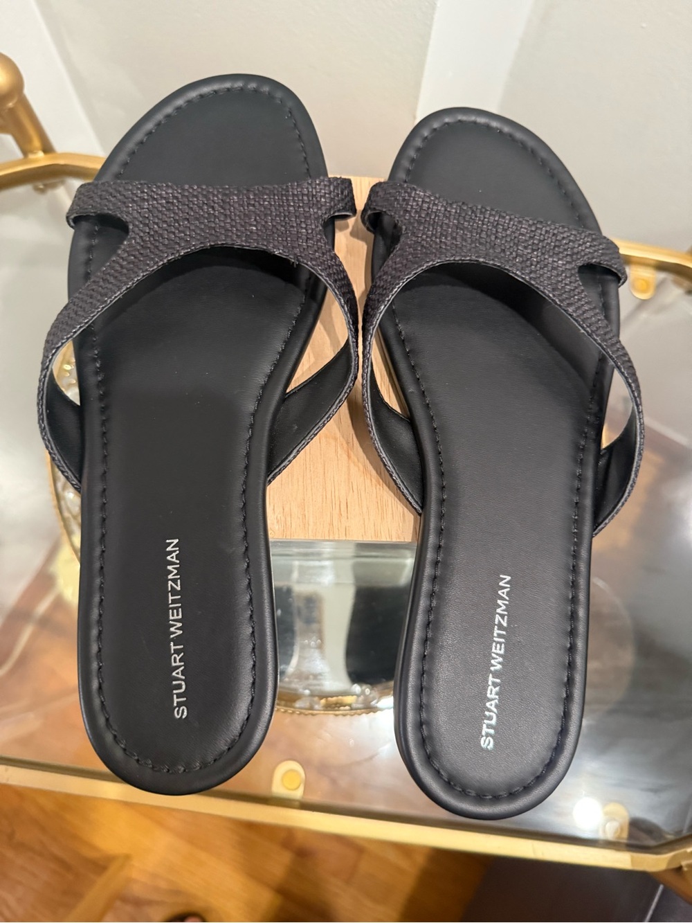 Stuart Weitzman Black Textured Cross-Strap Slide Sandals